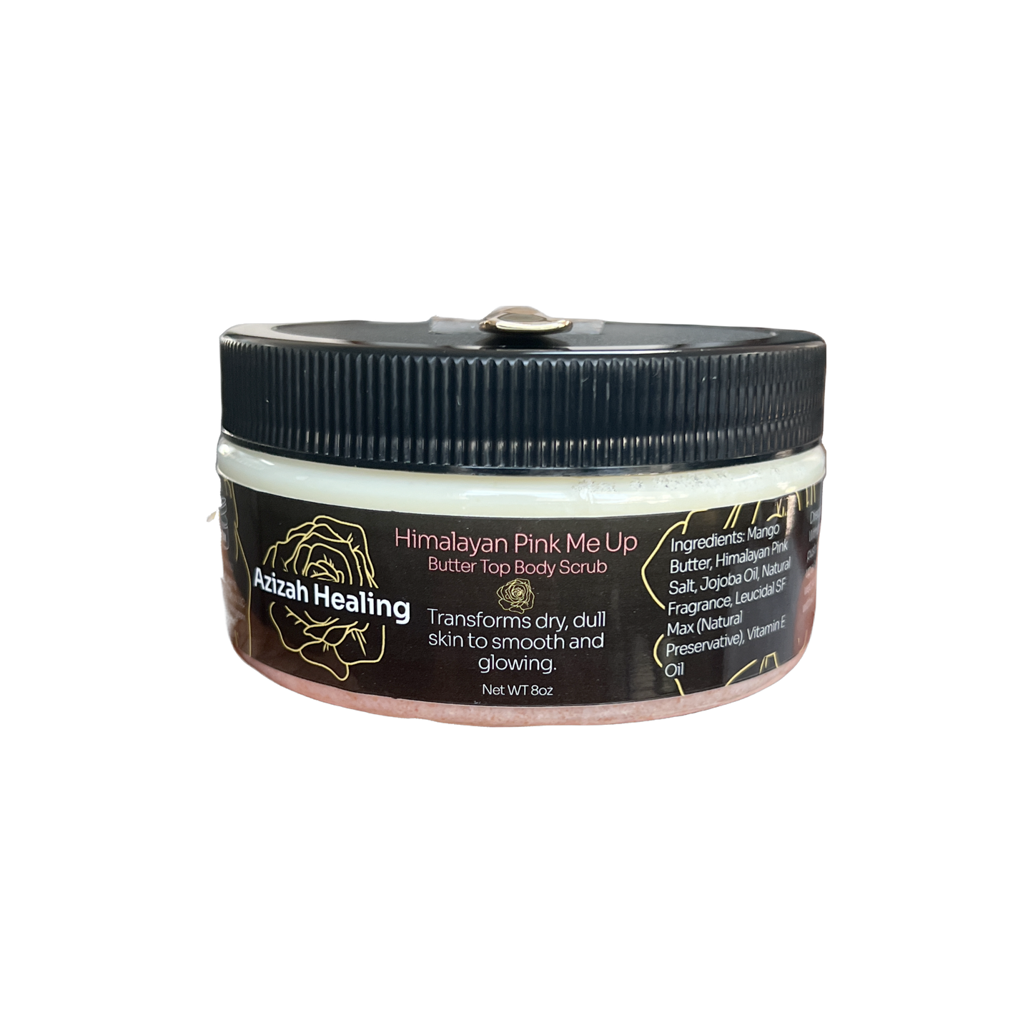Jar of Azizah Healing's Himalayan Pink Me Up Butter Top Body Scrub, showcasing its luxurious texture and captivating mango aroma