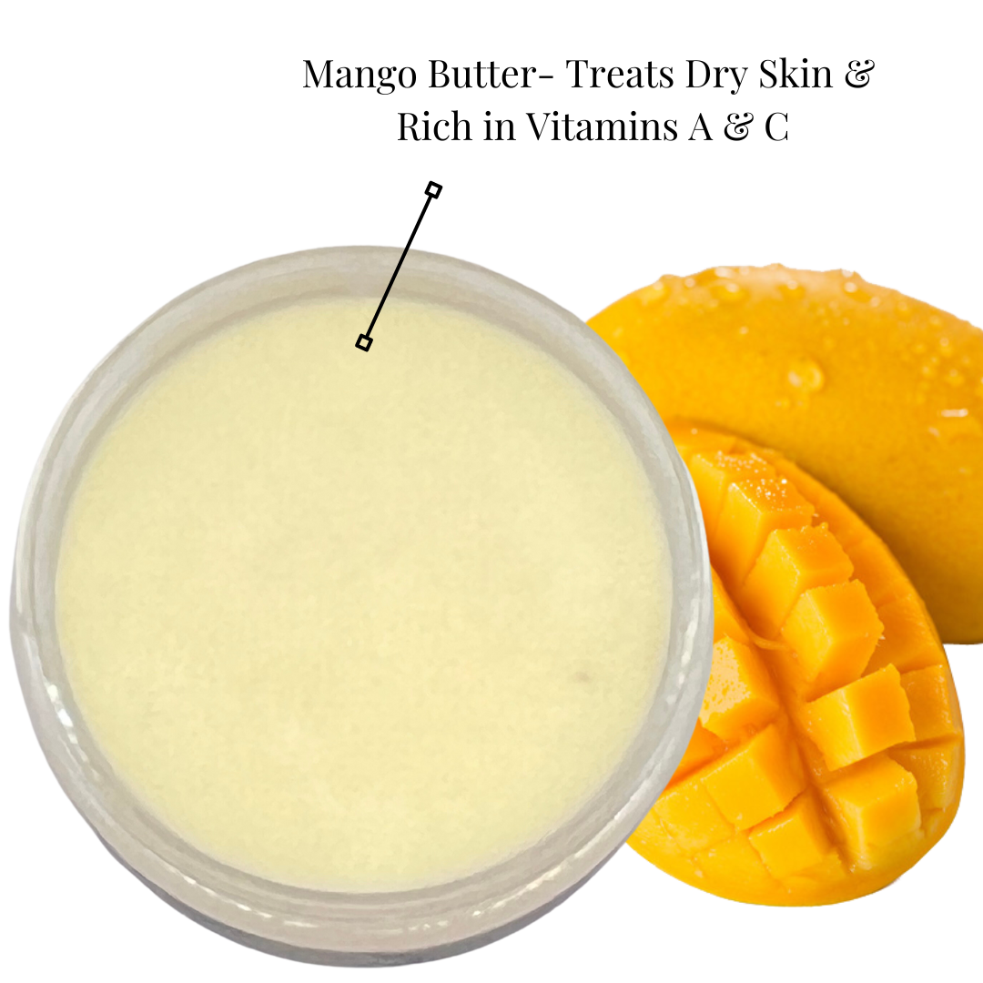 Open jar of Azizah Healing's Himalayan Pink Me Up Butter Top Body Scrub, showcasing its luxurious texture, with mangoes in the background.