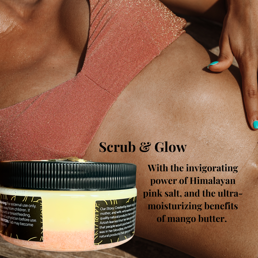 Black woman laying in the sun, showing her glowing skin from using Azizah Healing's Butter Top Body Scrub. A jar of the scrub is in front of her. 