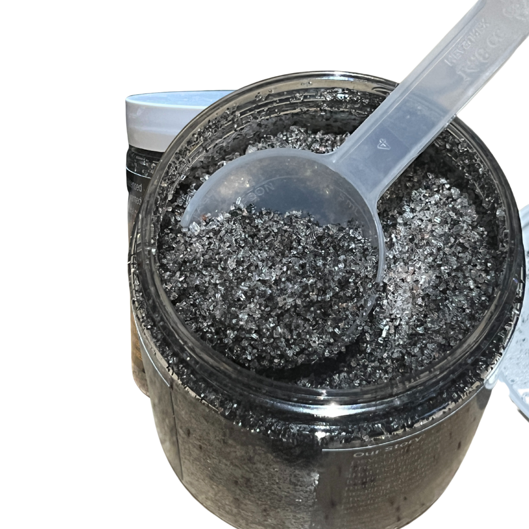Open Jar of Keep Me Grounded Salt Soak with Measuring Spoon - Azizah Healing Self-Care