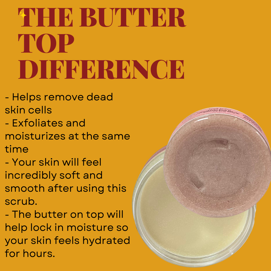 The front and back of Azizah Healing Butter Top Body Scrub to highlight i's dual layer for moisturizing and exfoliating.